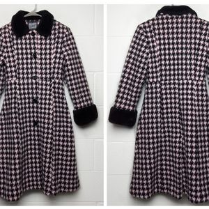 Rothschild Girls Dress Coat Faux Fur Trim Pink Black Houndstooth Plaid Size 12